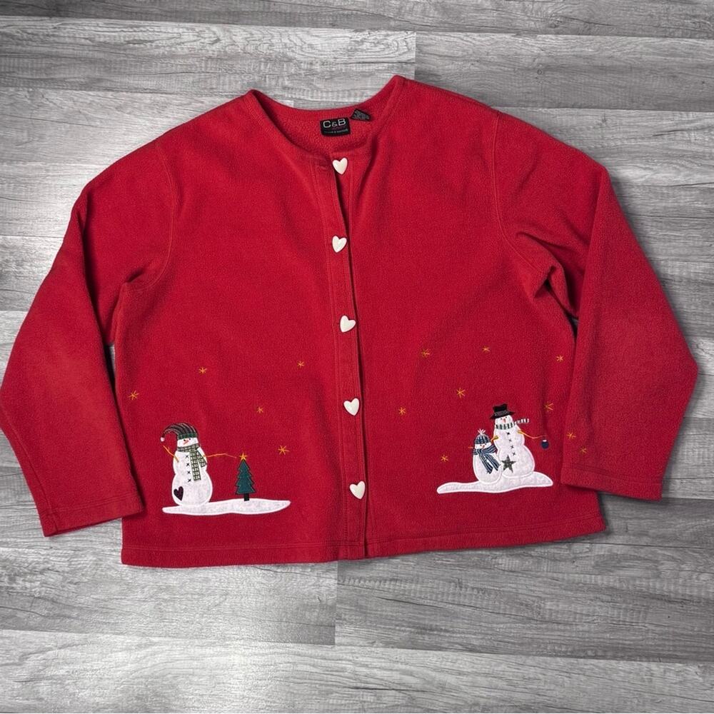 Vintage Cardigan Fleece Jacket Red Christmas Winter Size XL Snowman Holiday
